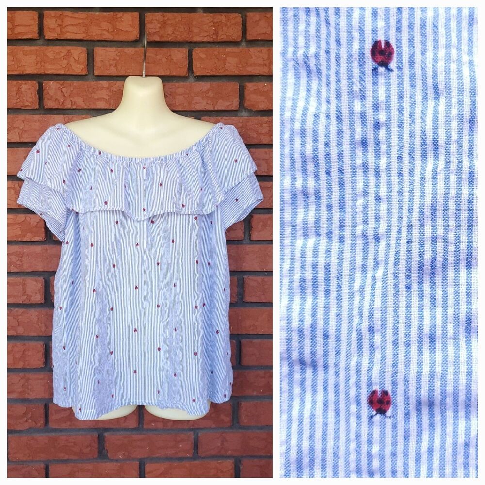 Blue White Striped Ruffle Top Womens XL Red Ladybug Print Cotton Blend Coastal